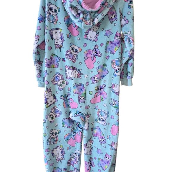 PJ Place 1 Piece Hooded Pajama Fleece Size L Inseam 24" Unicorn Bear Print - Picture 5 of 5